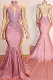 kamahe Sexy High Collar Mermaid Prom Dress Sequins Pink Long Backless