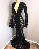 kamahe Sexy Long Sleeves Black Mermaid Prom Dress Lace V-neck Long