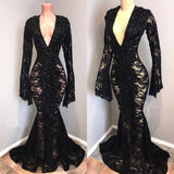 kamahe Sexy Long Sleeves Black Mermaid Prom Dress Lace V-neck Long