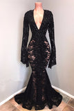 kamahe Sexy Long Sleeves Black Mermaid Prom Dress Lace V-neck Long