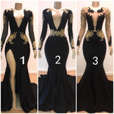 kamahe Sexy Long Sleeves Black Mermaid Prom Dress Sequins Long Deep V-neck With Split