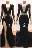 kamahe Sexy Long Sleeves Black Mermaid Prom Dress Sequins Long Deep V-neck With Split