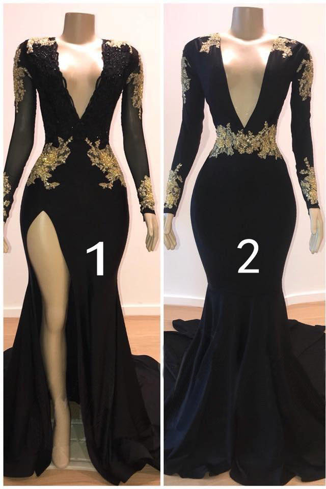 kamahe Sexy Long Sleeves Black Mermaid Prom Dress Sequins Long Deep V-neck With Split