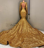 kamahe Sexy Long Sleeves Gold Mermaid Prom Dress Sequins V-neck Backless Long