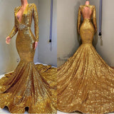 kamahe Sexy Long Sleeves Gold Mermaid Prom Dress Sequins V-neck Backless Long