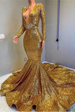 kamahe Sexy Long Sleeves Gold Mermaid Prom Dress Sequins V-neck Backless Long