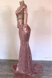 kamahe Sexy Long Sleeves Pink Mermaid Prom Dress Sequins V-neck Long With Split