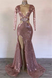 kamahe Sexy Long Sleeves Pink Mermaid Prom Dress Sequins V-neck Long With Split