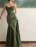 kamahe Sexy Mermaid Straps Green Party Dresses Satin Long Prom Dresses