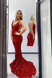 kamahe Sexy Red Mermaid Sequin Backless Long Party Prom Dresses