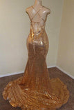 kamahe Sexy Spaghetti Straps V-Neck Mermaid Prom Dress Sequins Long Chiffon Gold With Split