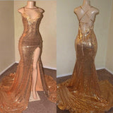 kamahe Sexy Spaghetti Straps V-Neck Mermaid Prom Dress Sequins Long Chiffon Gold With Split