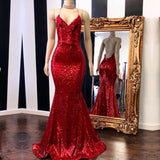 kamahe Sexy Spaghetti Straps V-Neck Mermaid Prom Dress Sequins Red Long