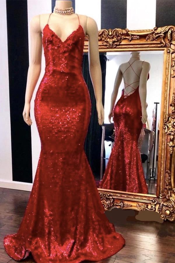 kamahe Sexy Spaghetti Straps V-Neck Mermaid Prom Dress Sequins Red Long