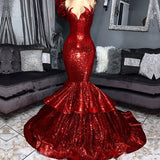 kamahe Sexy Strapless Mermaid Red Prom Dress Sequins Long