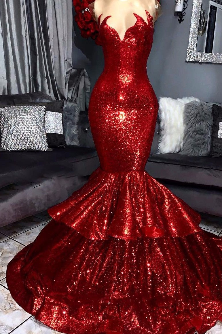 kamahe Sexy Strapless Mermaid Red Prom Dress Sequins Long