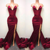 kamahe Sexy V-neck Chiffon Mermaid Prom Dress Long With Split Burgundy