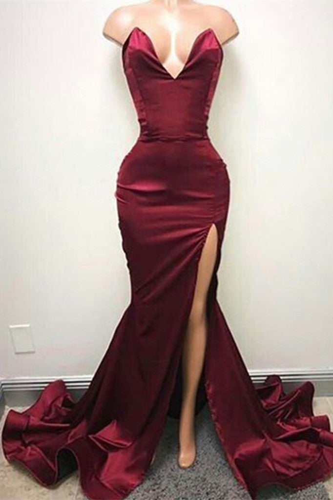 kamahe Sexy V-neck Chiffon Mermaid Prom Dress Long With Split Burgundy