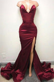 kamahe Sexy V-neck Chiffon Mermaid Prom Dress Long With Split Burgundy