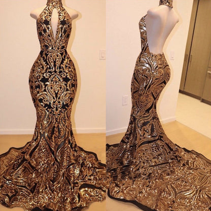 kamahe Sexy V-neck Halter Backless Mermaid Prom Dress Gold Sequins Long Backless