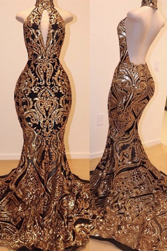 kamahe Sexy V-neck Halter Backless Mermaid Prom Dress Gold Sequins Long Backless