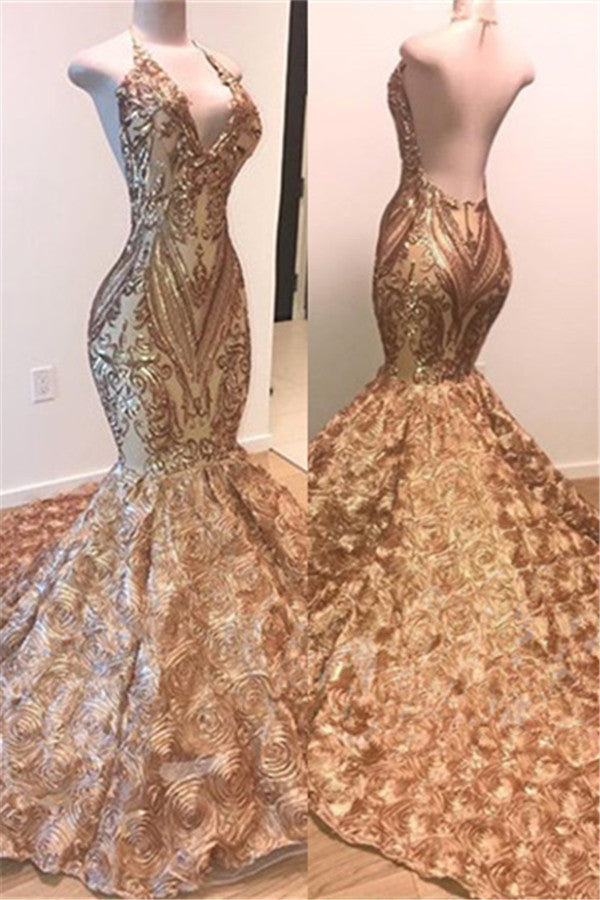 kamahe Sexy V-Neck Halter Gold Mermaid Prom Dress Sequins Backless Long