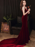 Solvbao Charming V-neckline Mermaid Velvet Evening Gown Wedding Party Dress, Dark Red Long Prom Dress