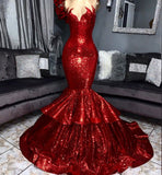 kamahe Shining Hot Red Mermaid Prom Party Gowns with Ruffles