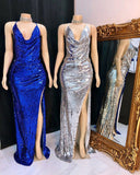 kamahe Shinning Sequins V-neck Sleeveless Front Slit Mermaid Prom Dresses