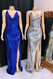 kamahe Shinning Sequins V-neck Sleeveless Front Slit Mermaid Prom Dresses