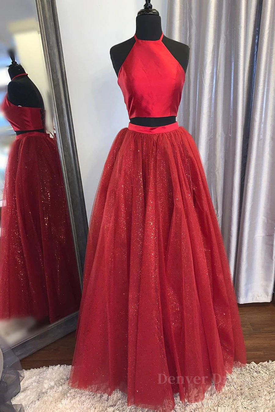 kamahe Shiny 2 Pieces Halter Neck Red Long Prom Dress, Two Pieces Red Formal Graduation Evening Dress