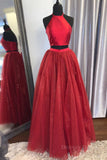 kamahe Shiny 2 Pieces Halter Neck Red Long Prom Dress, Two Pieces Red Formal Graduation Evening Dress