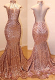 kamahe Shiny High Neck Sleeveless Sequins Mermaid Prom Dresses