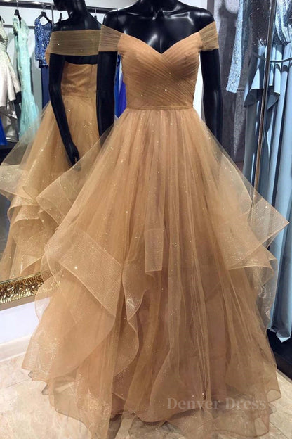 kamahe Shiny Off Shoulder Champagne Long Prom Dress, Off the Shoulder Champagne Formal Dress, Fluffy Champagne Evening Dress