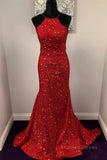 kamahe Shiny Sequins Backless Mermaid Red Long Prom Dresses, Mermaid Red Formal Dresses, Backless Red Evening Dresses