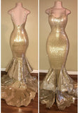 kamahe Shiny Sequins Mermaid Spaghettis-Straps Layers-Train Gold Prom Dresses