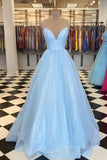 kamahe Shiny Sequins V Neck Blue Long Prom Dress, Sparkly Blue Formal Graduation Evening Dress