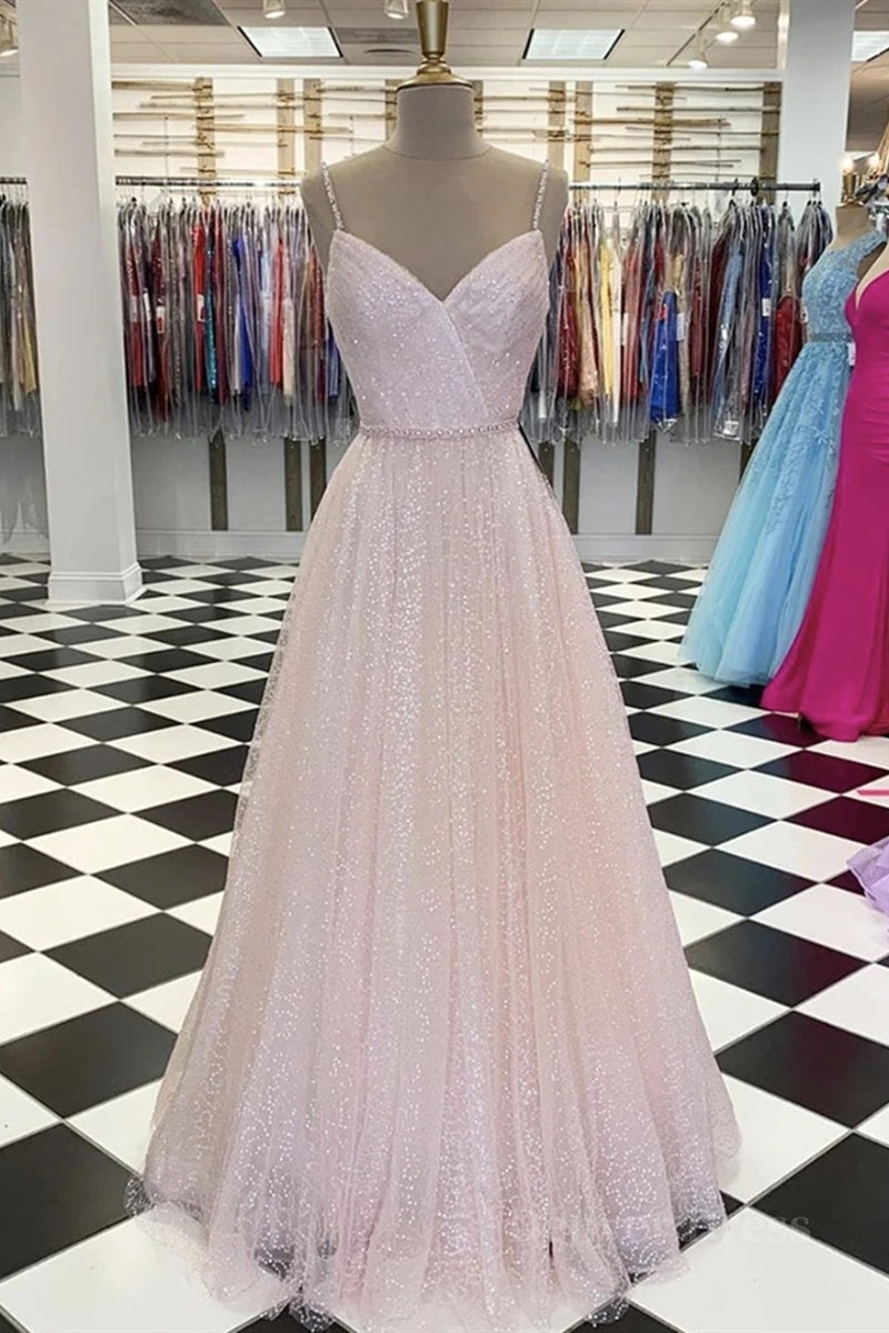 kamahe Shiny Sequins V Neck Pink Long Prom Dress, V Neck Pink Formal Graduation Evening Dress