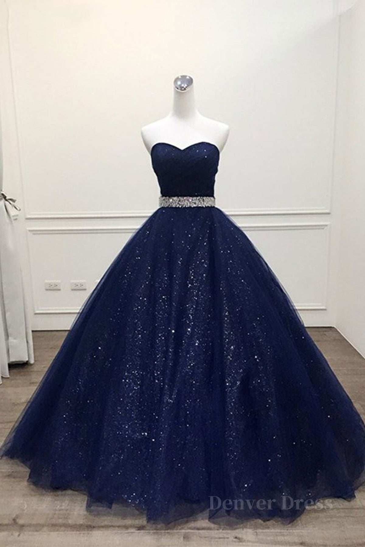 kamahe Shiny Strapless Dark Blue Long Prom Dresses, Dark Blue Long Formal Evening Gown