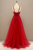 kamahe Shiny Sweetheart Neck Red Tulle Beaded Long Prom Dresses, Open Back Red Tulle Formal Graduation Evening Dresses