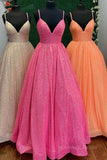 kamahe Shiny Tulle V Neck Backless Hot Pink/Orange/Champagne Long Prom Dresses, Backless Hot Pink/Orange/Champagne Formal Graduation Evening Dresses