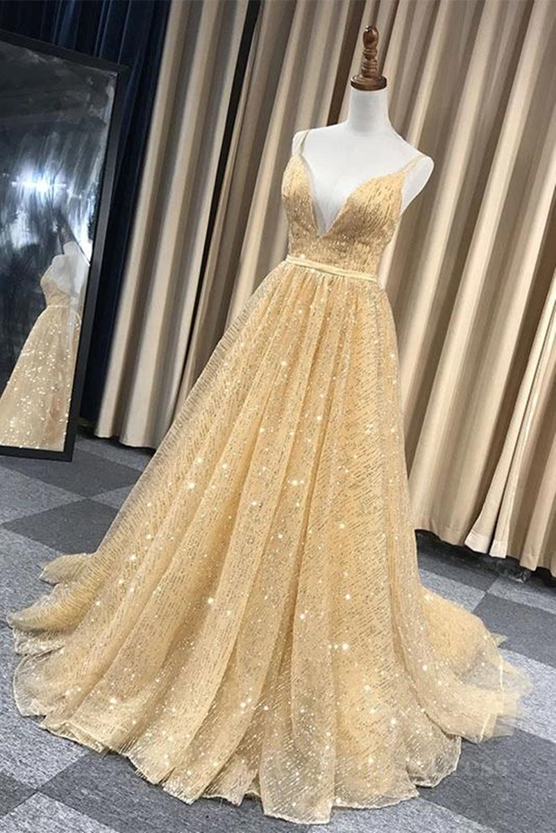 kamahe Shiny V Neck Backless Long Golden Prom Dress, Sparkly Golden Formal Dress, Golden Evening Dress