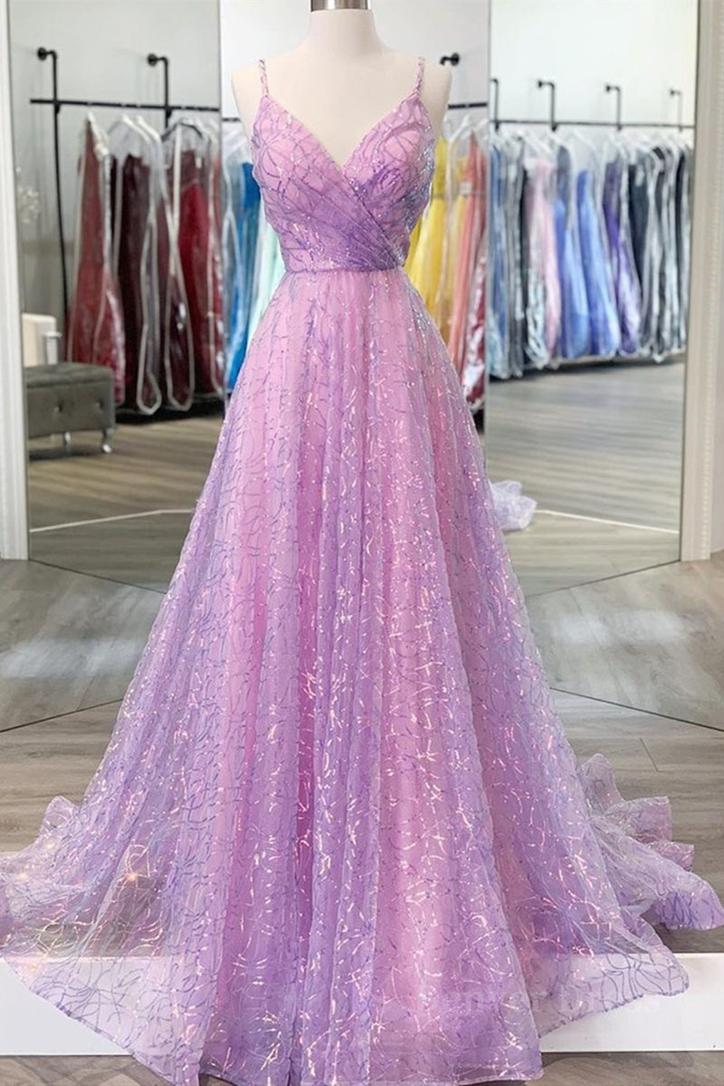 kamahe Shiny V Neck Backless Long Purple Prom Dress, Backless Lilac Formal Graduation Evening Dress