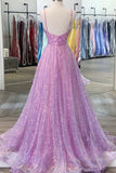 kamahe Shiny V Neck Backless Long Purple Prom Dress, Backless Lilac Formal Graduation Evening Dress