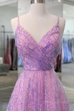 kamahe Shiny V Neck Backless Long Purple Prom Dress, Backless Lilac Formal Graduation Evening Dress