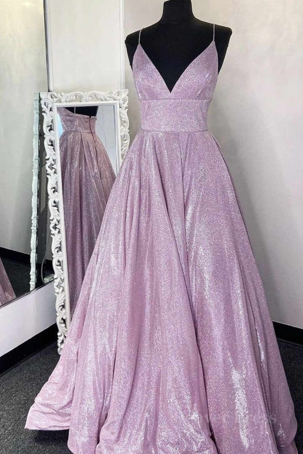 kamahe Shiny V Neck Backless Purple Long Prom Dresses, Sparkly Backless Purple Formal Evening Dresses