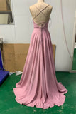 kamahe Shiny V Neck Pink Long Prom Dresses, Pink V Neck Long Formal Evening Dresses