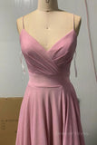 kamahe Shiny V Neck Pink Long Prom Dresses, Pink V Neck Long Formal Evening Dresses