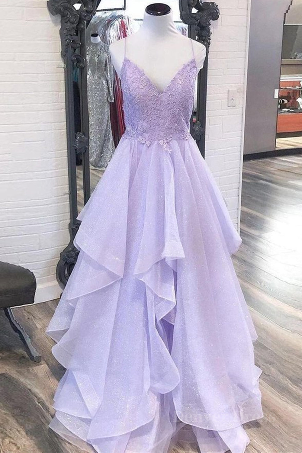 kamahe Shiny V Neck Purple Lace Long Prom Dresses, Purple Lace Formal Evening Dresses, Purple Ball Gown