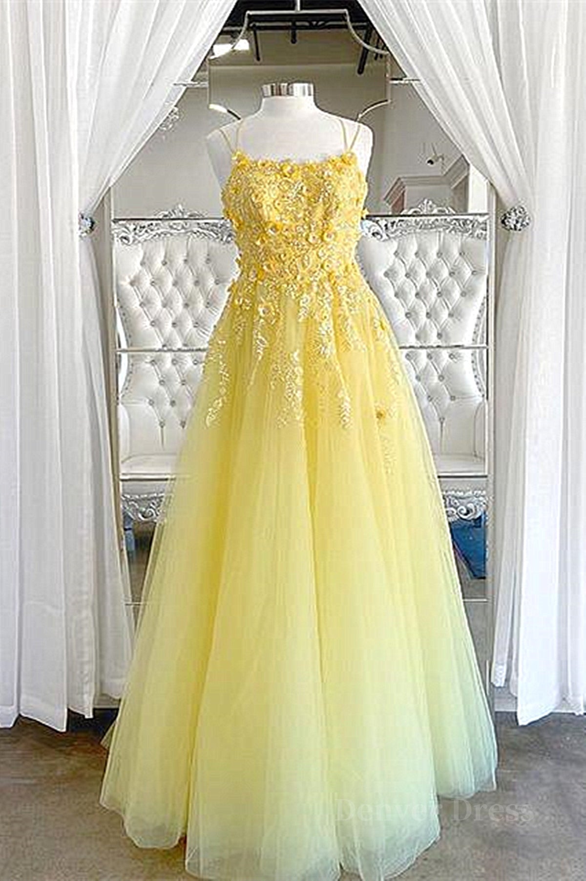 kamahe Shiny Yellow Lace Floral Prom Dresses, Shiny Yellow Lace Floral Formal Evening Dresses